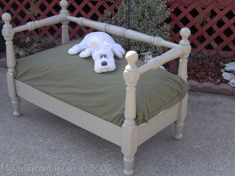 dog bed from a bunk bed - love it! - MyRepurposedLife - #DIY #upcycle #repurpose #dogbed #dog - tå√ Dog Bed Frame, Repurposed Headboard, Headboard Benches, Old Headboard, Flip Ideas, How To Make Headboard, Headboard Bench, Man Cave Room, Diy Dog Bed