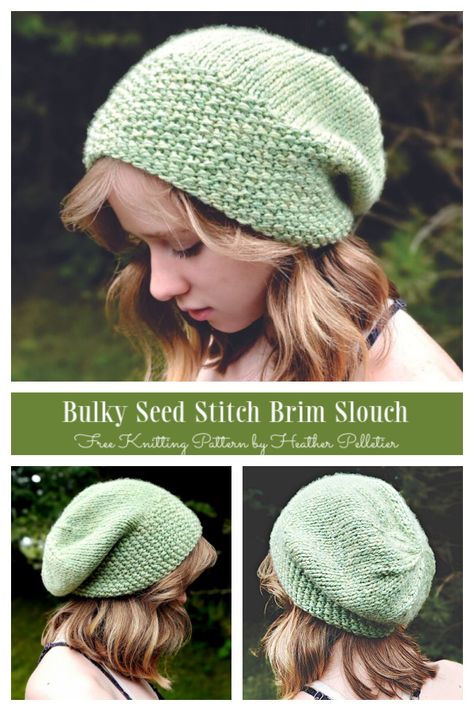 Slouch Beanie Knitting Pattern Free, Bulky Knit Hat Pattern Free, Slouch Hat Pattern Free, Slouch Hat Knit Pattern, Seed Stitch Hat, Slouchy Beanie Knit Pattern, Slouchy Hat Crochet Pattern, Knitted Slouch Hat, Slouch Hat Pattern