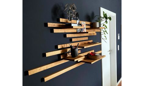 Oak Wall Shelf for Free Design Strip Shelf - Etsy Oak Wall Shelves, Huge Design, Timber Shelves, Slatted Shelves, Regal Design, Wooden Wall Shelves, Wall Shelves Design, Dark Wall, Slat Wall