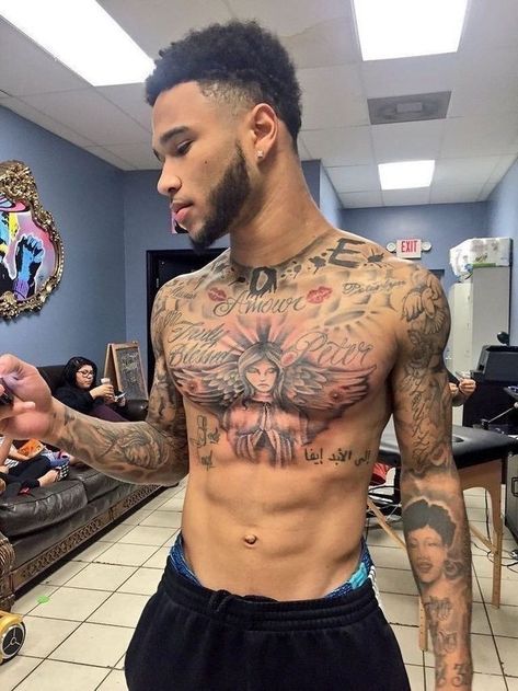 Amber Ajami, Black Men Tattoos, Career Photos, Pieces Tattoo, Cool Chest Tattoos, Tattoo Inspiration Men, Neck Tattoo For Guys, Chest Piece Tattoos, Chest Tattoo Men