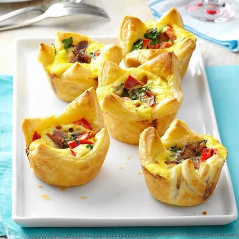 Quiche Pastry Cups Recipe: How to Make It Quiche Pastry, Pastry Cups, Quiche Cups, Spinach Puff Pastry, Family Brunch, Frozen Puff Pastry, Christmas Brunch, Pepper Jack Cheese, Bread Cake