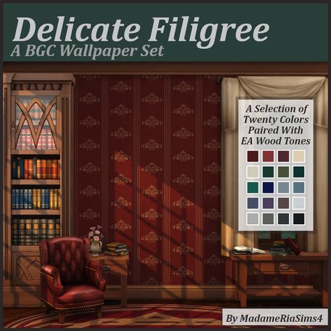 Sims 4 Vintage Wallpaper, Filigree Wallpaper, Sims 4 Decades Challenge, Motif Wallpaper, Furniture Cc, Cc Sims4, Wallpaper Set, Victorian Wallpaper, Victorian Wall