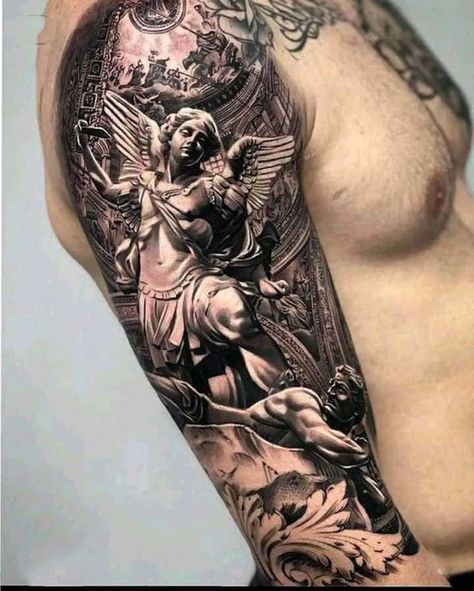 I will make your tattoo design with a real tattoo artist Angel Sleeve Tattoo, St Michael Tattoo, Archangel Tattoo, Only Angel, Realistic Tattoo Sleeve, Statue Tattoo, Demon Tattoo, Angel Tattoo Designs, Religious Tattoos