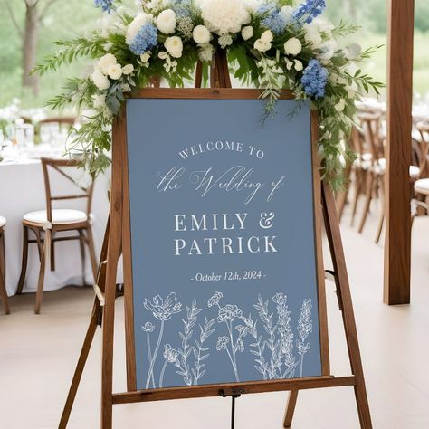 Elegant Wildflower Periwinkle Blue Wedding Sign Editable Template Spring Wedding Florals Blue, July Wedding Inspiration, Navy And French Blue Wedding, Something Blue Wedding Flowers, Welcome Sign Wedding Rustic, Light Blue Outdoor Wedding, Spring Wedding Dusty Blue, Lilac And Blue Wedding Decor, Light Blue Wedding Ceremony