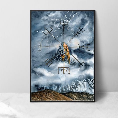 Excited to share this item from my #etsy shop: Algiz Mountain Painting - Canvas Art Print, Viking Compass Vegvisir Thunder, Magic Rune Watercolor home decor, Futhark Odin Mystic Wall art Thunder Magic, Mountain Painting Canvas, Viking Decor, Watercolor Home, Mountain Painting, Paper Wall Art, Inkjet Printing, Mountain Paintings, Canvas Paper