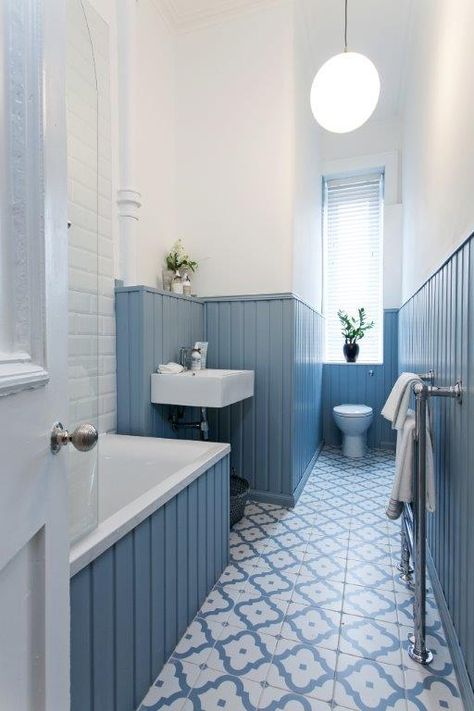 Victorian style floor tiles and painted panelling Blue Panelled Bathroom, Painted Bath Panel, Bath Side Panel Ideas, Blue Bathroom Panelling, Tony Bathroom, Glasgow Tenement Bathroom, Blue Panelling Bathroom, Tenement Bathroom, English Bathroom Ideas