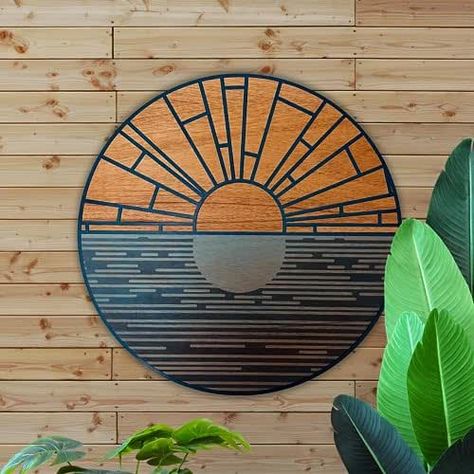 Geometric Sunrise | Minimalist Layered Wood Wall Art | Circular Beach House Wall Hanging (Small, Ink Blue) Sunrise Minimalist, Beach Room, Pottery Handbuilding, Boho Room Decor, Ceramic Wall Art, Mid Century Modern Walls, Beach Cottage Style, Ink Blue, House Wall