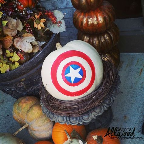 Captain America Painted Pumpkin Captain America Pumpkin, Story Book Pumpkin, Paw Patrol Costume, Paint Pumpkins, Fall Harvest Decorations, Superhero Halloween, Pumpkin Decorating Contest, Easy Diy Paint, Disney Pumpkin