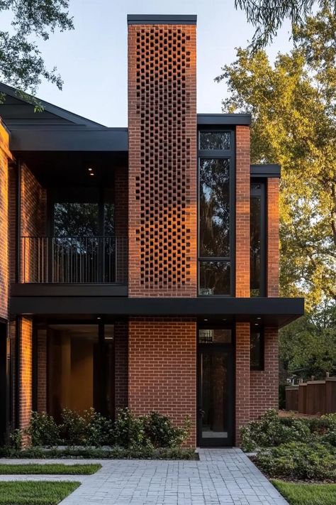 Modern brick house with large windows and a perforated facade. Brick facade houses stand out like a flashy bow tie at a black-tie event. See why they might just be the charming exteriors you didn’t know you needed. Modern Brick Exterior, Brick Facade Design, Brick Modern House, Calm Bedroom Design, House With Large Windows, Perforated Facade, Facade Brick, Calm Bedroom, Modern Brick House