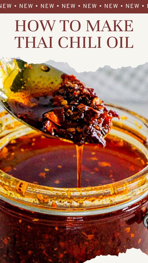 Learn How To Make Thai Chili Oil at home with this easy 5-minute recipe! Trust me, you need this homemade chili oil on hand in your kitchen to use weekly, if not daily. #thaichilioil #howtomakethaichilioil #thaichilioilnoodles #thaichilioilrecipe #spicythaichilioil #thaichiligarlicoil #diythaichilioil Thai Chili Pepper Oil Recipe, Homemade Thai Chili Sauce, Oil Chili Sauce, Hot Chili Oil Recipe Easy, Asian Chilli Oil, Thai Red Pepper Recipes, Chili Oil Recipe Easy, Making Chili Oil, Crispy Hot Chili Oil