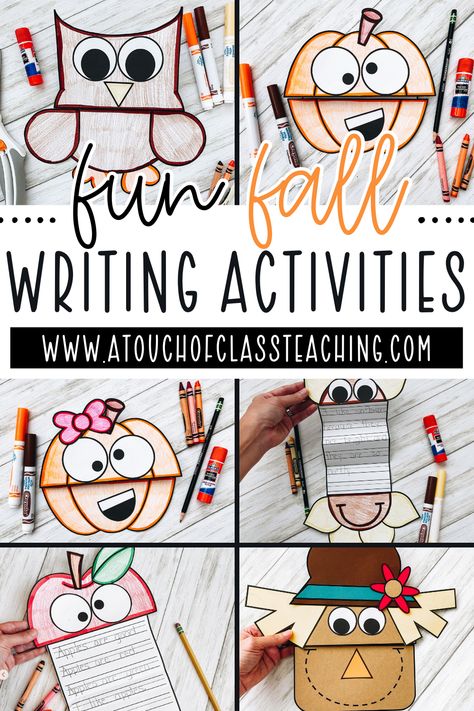 These fun fall writing activities are perfect to use in September and October. Students can create the writing craftivity to go along with a fall read aloud, or use them to write about fall writing prompts. First Day Of October Activities, 3rd Grade Writing Projects, Fall Teaching Activities, September Writing Prompts 2nd Grade, Fall Read Alouds 3rd Grade, Fall Class Projects, Kindergarten Fall Writing Activity, Class Fall Craft, 3rd Grade Projects Fun