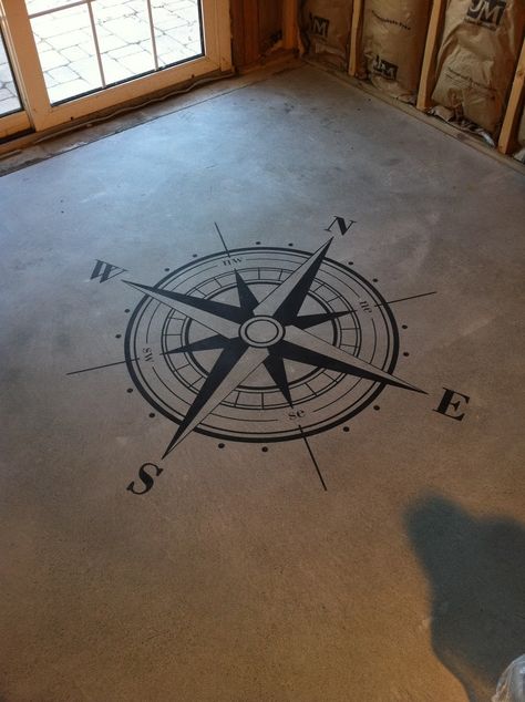 Compass Floor Stencil with latitude and longitude coordinates so my babies always know where home is. Notes: would be great on patio Gray Floors, Floor Stencil, Entryway Tile, Painted Concrete, Painted Concrete Floors, Latitude And Longitude, Mother's Ring, Stencil Wood, Sketchbook Cover