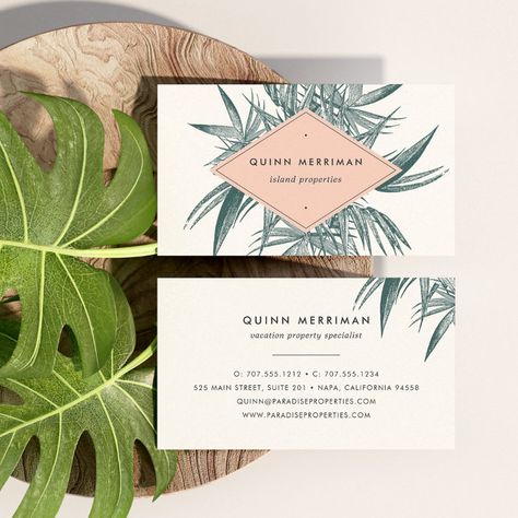 Tropical Palm Frond Business Card - business card Business Card Stands, Business Card Books, Photo Business Cards, Floral Business Cards, Floral Business, Small Palms, Real Estate Business Cards, Business Card Cases, Peach And Green