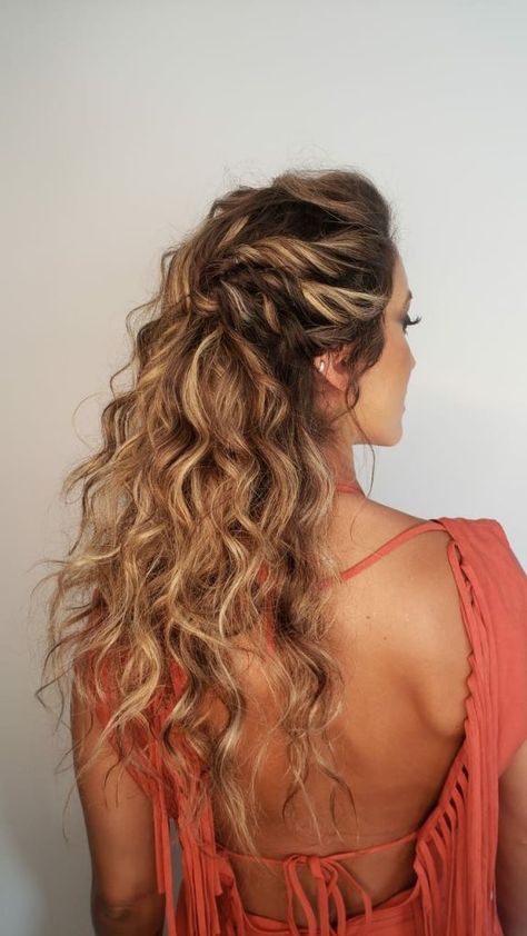 Coily Fall Hairstyle 2023 15 Ideas Formal Style For Curly Hair, Boho Hair For Curly Hair, Half Up Half Down Mother Of Bride Hair Curly, Curly Hairstyles For Beach Wedding, Curly Hair Semi Formal, Boho Wedding Curly Hair, Bridesmaids Hair Curly, Braid Curly Hairstyles Wedding, Curly Braided Hairstyles Wedding