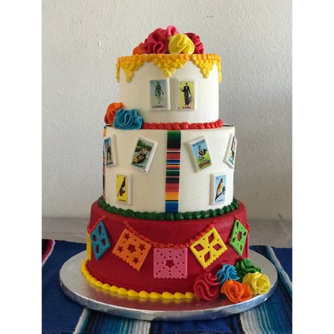 Loteria Cake Loteria Party Ideas, Fiesta Party Centerpieces, Mexican Themed Cakes, Mexican Fiesta Cake, Mexican Dessert Table, Fiesta Theme Party Decorations, Loteria Party, Mexican Theme Party Decorations, Mexican Cake