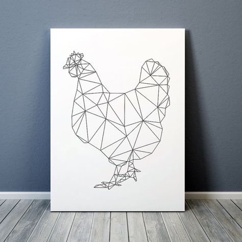 Geometric bird print. Chicken poster. Minimal decor for home and office. Lovely line art. Available in two sizes: A4 (8.2x11) and A3 (11.6x16.5). Geometric Chicken, Chicken Tattoo, Chicken Poster, Polygon Design, Line Art Minimal, Chicken Illustration, Geometric Bird, Geometric Origami, Blackwork Patterns