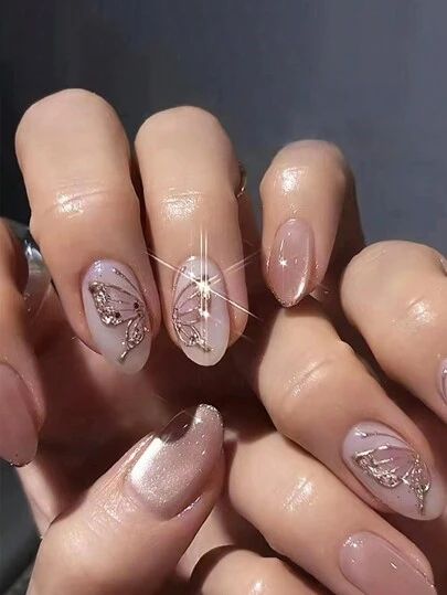 Nail Design Butterfly Simple, Unique Coffin Acrylic Nails, Sparkle Nail Art Designs, Clear Fairy Nails, Pink And Gold Summer Nails, Natural Butterfly Nails, Structured Gel Nail Designs, Elegant Summer Nail Designs, Nail Art Designs November