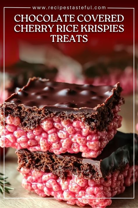 These Chocolate Covered Cherry Rice Krispies Treats are a fun and indulgent twist on the classic Rice Krispies treat. With crunchy Rice Krispies, sweet mini marshmallows, and chopped maraschino cherries, all drizzled or dipped in semi-sweet chocolate, these treats are perfect for any occasion. Whether for holidays, parties, or just as a sweet snack, these treats are sure to be a hit! Chocolate Covered Cherry Rice Crispies, Chocolate Covered Cherry Rice Krispie Treats, Hot Chocolate Rice Crispy Treats, Cherry Rice Krispie Treats, Strawberry Crunch Rice Krispies, Jello Rice Krispie Treats, Red Velvet Rice Krispie Treats, Holiday Rice Krispie Treats, Rice Krispie Recipes