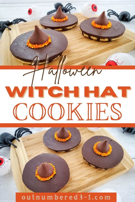 Halloween is fast approaching! It is time to unleash our creativity and the Witch's Hat Cookies are just perfect for the festivities. These bite-sized cookies are perfect for classroom parties and Halloween party treats. To top it up, preparing these witch hat cookies takes only 15 minutes. Also, the recipe is super easy since it doesnâ€™t involve baking. via @meloutnumbered October No Bake Recipes, 1st Birthday Costume Party Ideas, Kids Halloween Baking Ideas, Halloween Baking Ideas Cookies, Hocus Pocus Treats Easy, Halloween Deserts For Party, Halloween Recipes Dessert Easy, Halloween Appiterzers, Edible Halloween Treats