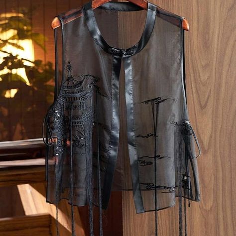 Vintage Vests Women Sheer Chinese Style Black Summer All-match Mom Clothing Embroidery Design