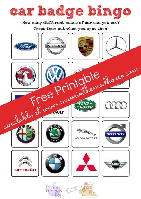 Car Badge Bingo Free Printable. This Bingo/eye spy sheet is perfect for road trips with the children. Make sure your kids are occupied whilst in the car Car Bingo Free Printable, Printable Roads For Toy Cars, Free Travel Printables, Auto Bingo, Free Printable Road Trip Games, Car Trip Games, Travel Bingo Printable For Kids, Car Bingo, Bingo Free Printable