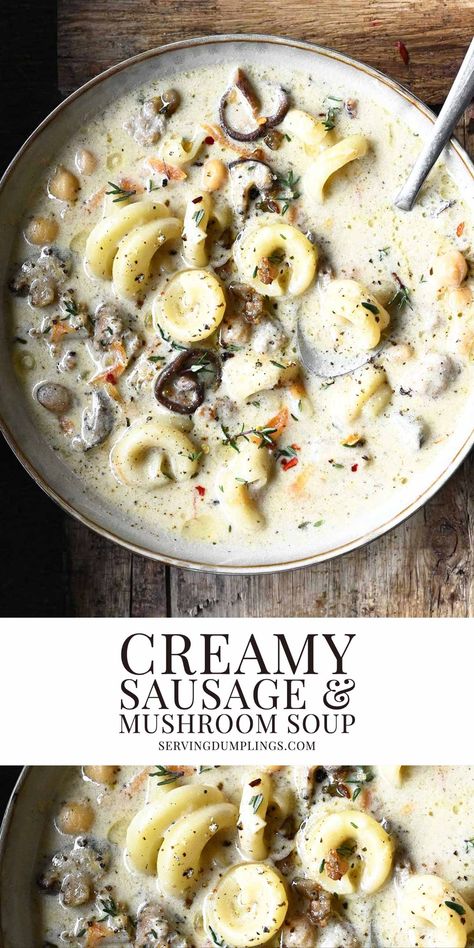 Creamy Sausage and Mushroom Soup Soup Sausage, Soup With Chickpeas, Thick Noodles, Sausage Soup Recipes, Grill Cheese Sandwich Recipes, Cheese Sandwich Recipes, Chowder Soup, Mushroom Soup Recipes, Stuffed Mushroom