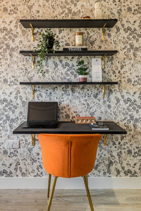 Small Home Office Ideas - Feature Study Chairs Small Office Kitchen, Peach Office, Decor For Desk, Burnt Orange Decor, Small Home Office Ideas, Orange Office, Study Spaces, Orange Chair, Black Shelves