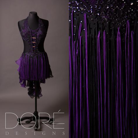 Black & Purple Latin w/ Fringe Black Dance Costumes, Ballroom Dress Inspiration, Ballroom Dancing Dresses Latin, Dance Latin, Latin Costume, Dancesport Dresses, Dance Apparel, Jazz Dress, Latin Ballroom Dresses