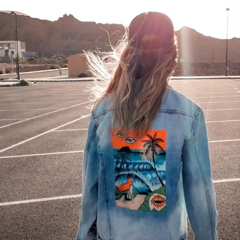 surfart , surf jacket hand painted by Cyn Valentini. Fuerteventura , Canary Islands Fuerteventura Canary Islands, Surf Jacket, Jacket Hand Painted, Surf Art, Canary Islands, Surfing, Denim Jacket, Hand Painted