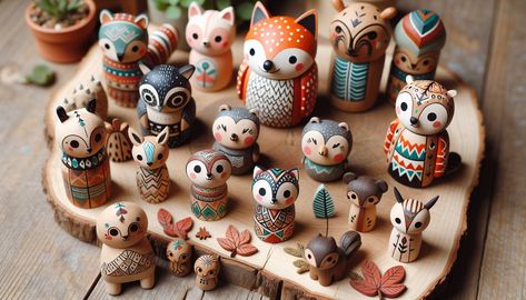 cute carved woodland totem animals native american style - Image Creator da Microsoft Designer Ceramic Woodland Animals, Woodland Ceramics, Polymer Clay Forest Animals, Polymer Clay Woodland Animals, Small Carved Wooden Animals, Totem Animals, Air Clay, Native American Style, Ceramics Ideas