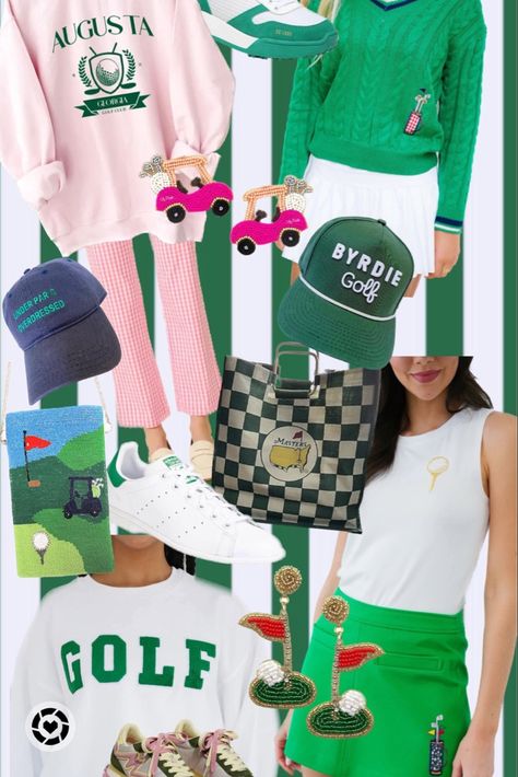 Golf Tournament Outfit Spectator What To Wear, Womens Masters Tournament Outfit, Golf Bar Crawl Outfit, 80s Golf Attire, Golf Theme Party Outfit Women, Pink And Green Golf Outfit, Golf Tournament Themes For Women, Women’s Golf Outfit Ideas, Cart Girl Outfits Golf