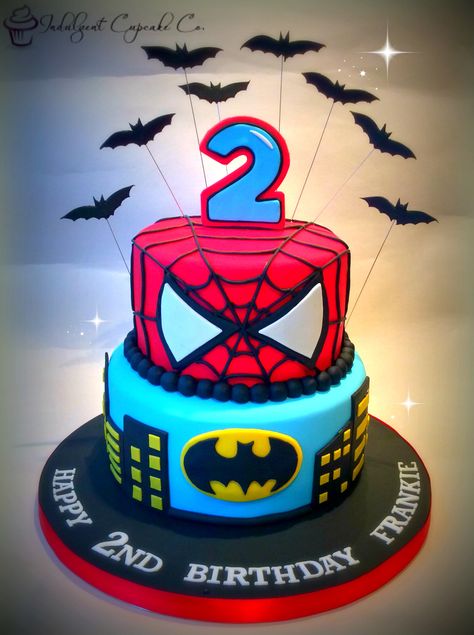 Spiderman/Batman cake......... Spiderman Batman Cake, Spider Man And Batman Cake, Batman And Spiderman Cake, Spiderman Fondant Cake, Spaydrmen Cake, Sweet 16 Spiderman Cake, Spiderman 3d Cake, Cartoon Cake Spiderman, Guitar Birthday Cakes