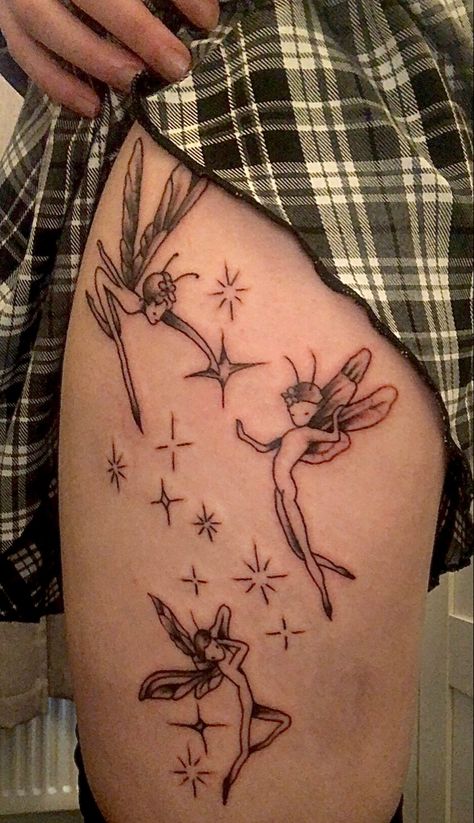 Thumbelina Tattoo Ideas, Fairy Tree Tattoo, Fairy Dancing Tattoo, Cornish Pixie Tattoo, Irish Fairy Tattoo, Fairy Ring Knee Tattoo, Fairy Pinup Tattoo, Fairy Leg Tattoo, Male Fairy Tattoo