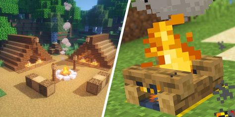 Cute Campfire Minecraft, Minecraft Bonfire Ideas, How To Make A Tent In Minecraft, Minecraft Camping Spot, Fire Minecraft Build, Minecraft Campfire Designs, Minecraft Bonfire, Campfire Minecraft Ideas, Minecraft Fire Pit