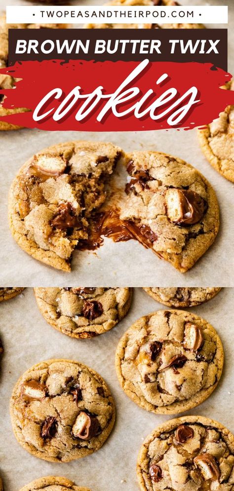 Brown Butter Twix Cookies, Christmas cookies, Christmas treats Brown Butter Candy Cookies, Twix Stuffed Cookies, Twix Bar Cookies, Twix Cookies Recipe, Twix Dessert Recipes, Twix Recipes, Twix Recipe, Twix Cookie, Candy Cookies Recipes