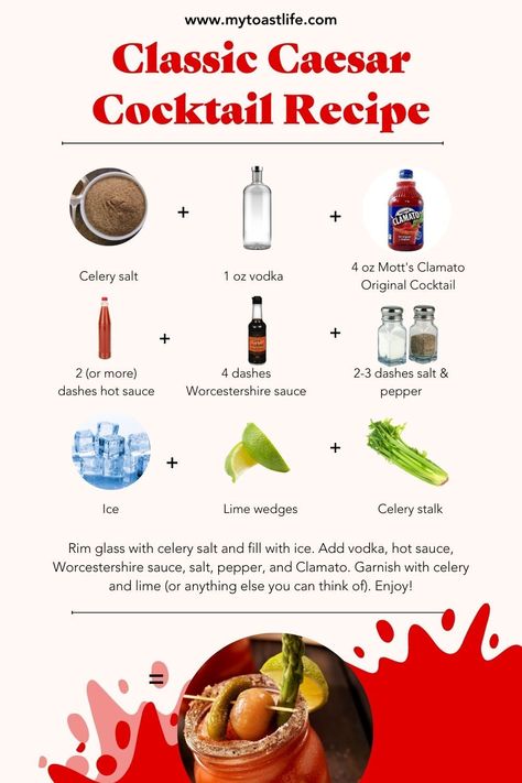 If you haven't tried a Caesar (or had one lately), you're missing out! Here's the recipe for the classic Caesar cocktail - the perfect beverage for Sunday brunch or summer patio drinks. Jazz yours up with fun garnishes like olives, pickles, strips of bacon, cocktail shrimp, or anything else you can think of! More fun cocktails here - click Read more! #caesars #cocktailrecipes #summerdrinks Caesar Recipe Drink, Cesar Cocktail Recipe, Caesar Drink Garnish, Ceaser Drink Recipe, Cesar Drink Cocktails, Ceasar Drink Recipe, Caesar Drink Recipe, Caesar Bar, Caesar Drink