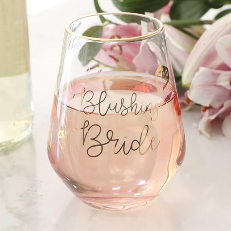 blushing-bride-stemless-wine-glass-team-hen Bride Wine Glasses, Hen Party Cricut Ideas, Blushing Bride Bridal Shower Theme, Host Ideas, Bride Wine Glass, Cursive Text, Hen Party Decorations, Blush Bridal Showers, Hen Party Accessories