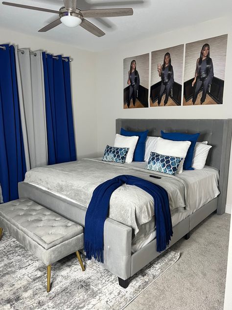 Royal Blue Black And Grey Bedroom, Grey And Blue Furniture Living Room, Royal Blue White And Silver Bedroom Ideas, Royal Blue Grey And White Bedroom, Blue And Gray Room Ideas, Blue Black And White Bedroom Ideas, Royal Blue And Gray Bedroom Ideas, White Black And Blue Bedroom, Black Blue And White Bedroom