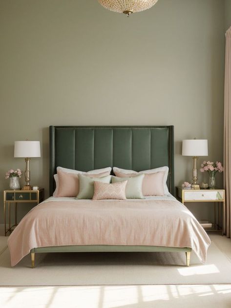 Green And Pink Bedroom Aesthetic, Olive Green And Pink Bedroom, Cream And Pink Bedroom, Green Pink Bedroom, Green And Blush Bedroom, Sage Green And Blush Bedroom, Sage Green And Pink Bedroom, Sienna Bedroom, Green And Pink Bedroom