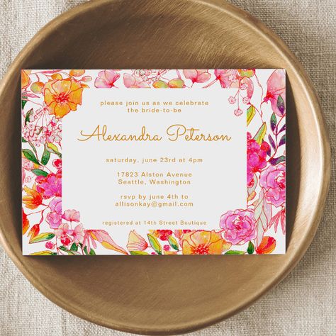 Pink and Orange Watercolor Flowers Bridal Shower Invitation Orange Invitation, Colorful Wedding Invitations, Orange Watercolor, Modern Floral Design, Summer Bridal Showers, Bridal Shower Flowers, Pretty Aesthetic, Pink Bridal Shower, Floral Bridal Shower Invitations