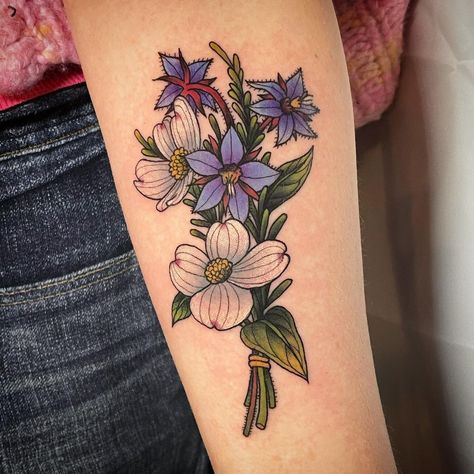 Katy Bisby on Instagram: “Dogwood, borage and thyme for Natalie! #pdxtattoo #portlandtattoo #botanicaltattoo #floraltattoo” Dogwood Flowers Tattoo, Borage Tattoo, Borage Flower Tattoo, Dogwood Bouquet Tattoo, Dogwood Flower Tattoo Sleeve, Pink Dogwood Flower Tattoo, Dogwood Flower Tattoo Color, Dogwood Flower Tattoo, Dogwood Flower Tattoos