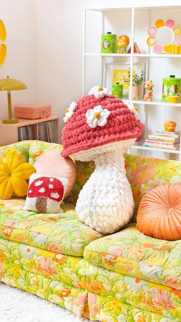 Crochet Mushroom Pillow, Plants Crochet, Crochet Mushrooms, Mushroom Pillow, I Always Come Back, Giant Mushroom, Crochet Pumpkins, Crochet Mushroom, Crochet Shop