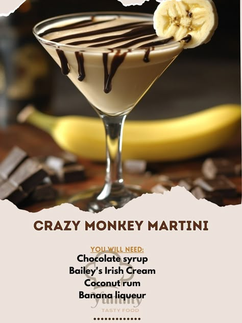 🍌 "Get wild with a Crazy Monkey Martini—creamy, tropical, and totally fun!" 🍹🐒 #MonkeyBusiness #TropicalVibes Crazy Monkey Martini Ingredients: Banana liqueur (1 oz) Coconut rum (1 oz) Bailey's Irish Cream (1 oz) Chocolate syrup (for garnish) Banana slice (for garnish) Ice cubes Instructions: Drizzle chocolate syrup inside a martini glass. Place the glass in the freezer to chill. In a shaker, combine banana liqueur, coconut rum, Bailey's, and ice. Shake well. Strain into the chilled glass... Crazy Monkey Martini, Banana Liqueur Drinks Cocktails, Creme De Banana Liqueur Recipes, Banana Liqueur Drinks, Banana Liqueur, Crazy Monkey, Liqueur Drinks, Martini Ingredients, Liqueurs Recipes