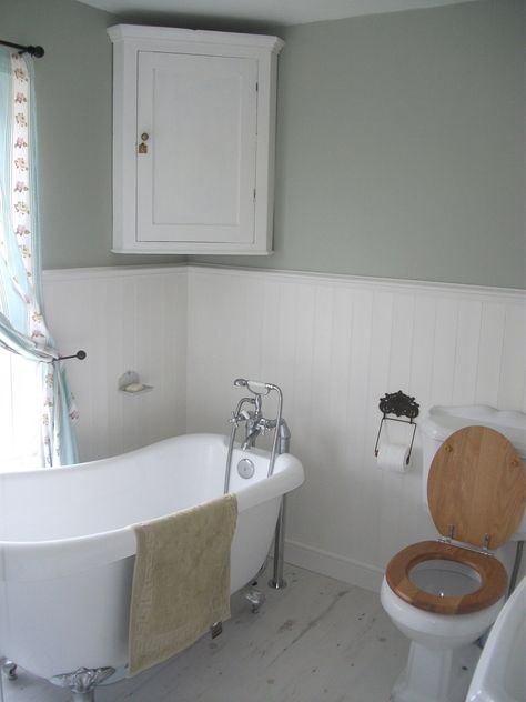 Our vintage style bathroom complete with slipper bath - walls in Mizzle by Farrow and Ball, woodwork in Wimborne White by Farrow and Ball Farrow And Ball Mizzle Bathroom, Mizzle Farrow And Ball Bathroom, Mizzle Bathroom, Mizzle Farrow And Ball, Farrow And Ball Bathroom, Coral Bathroom Decor, Vintage Bathroom Sinks, Panel Bathroom, Mom Bathroom