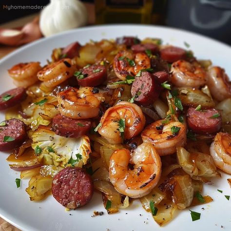 Easy Fried Cabbage with Shrimp, Sausage & Bacon Recipe - My Home Made Recipe Fried Cabbage With Shrimp, Easy Fried Cabbage, Shrimp Sausage, Chef Gordon, Chef Gordon Ramsay, Cabbage And Bacon, Bacon Recipe, Simple Green Salad, Fried Cabbage