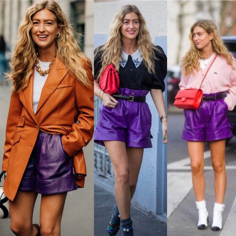 Purple Leather Skirt Outfit, Bermuda Outfits, Purple Skirt Outfit, Boho Business, Purple Leather Jacket, Spring Summer Fashion Trends, Leather Skirt Outfit, Look Short, Leather Short