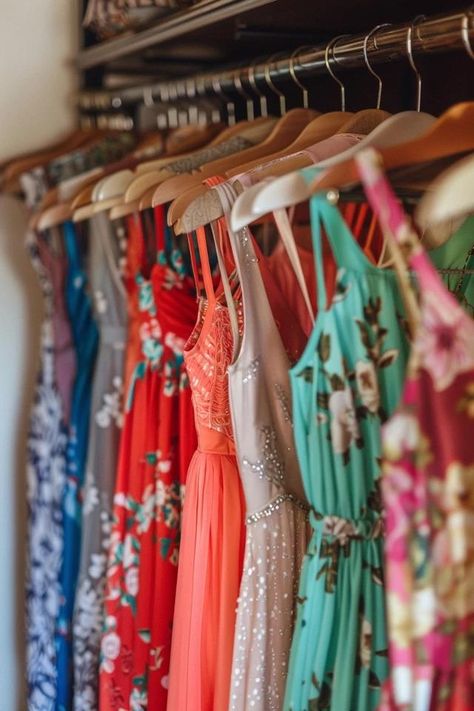 How To Hang Long Dresses In A Short Closet: Storage Solutions Creative Hanging Clothes Storage, Maxi Dress Storage Ideas, Closet Of Dresses, Storing Long Dresses In Closet, Dress Storage Ideas Closet Organization, Long Dress Storage Ideas, Long Dress Organization Ideas, Closet Organization Dresses, Fold Long Dress On Hanger