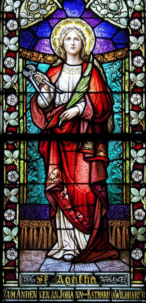 Catholic Church Stained Glass, St Agatha, Saint Agatha, Stained Glass Windows Church, Stained Glass Church, Stained Glass Angel, Catholic Art, Stained Glass Window, Patron Saints