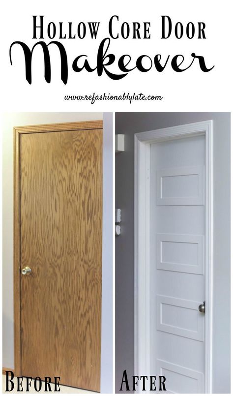 Give your old hollow core doors a makeover!  Add O'verlays to the front and back and then paint them!  A great way to update a space on a budget! | refashionablylate@gmail.com #DIY #doormakeover #overlays #hollowcoredoors #whitedoor #zurichwhite #schlage Deur Makeover, Hollow Core Door Makeover, Interior Door Makeover, Hollow Core Door, Diy Interior Doors, Closet Door Makeover, Hollow Core Doors, Diy Makeover, Door Makeover