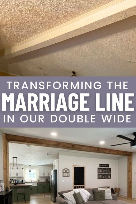 Before & After – Covering Marriage Line in Double Wide Doublewide Remodel Interiors, Mobile Home Renovations Double Wide, Double Wide Interior, Remodeled Double Wide Mobile Homes, Modular Makeover, Make A Mobile Home Look Like A House, Doublewide Mobile Home Renovations, Doublewide Remodel, Mobile Home Porches